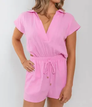 Solid Gauze V-Neck Keyhole Back Romper In Pink