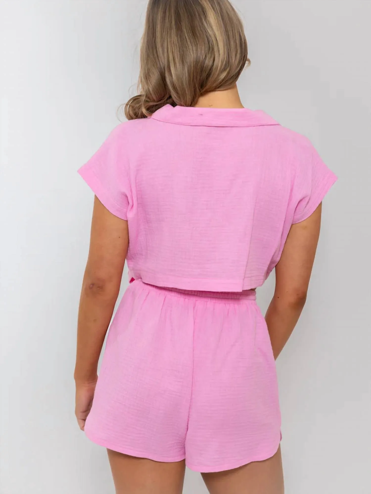 Solid Gauze V-Neck Keyhole Back Romper In Pink