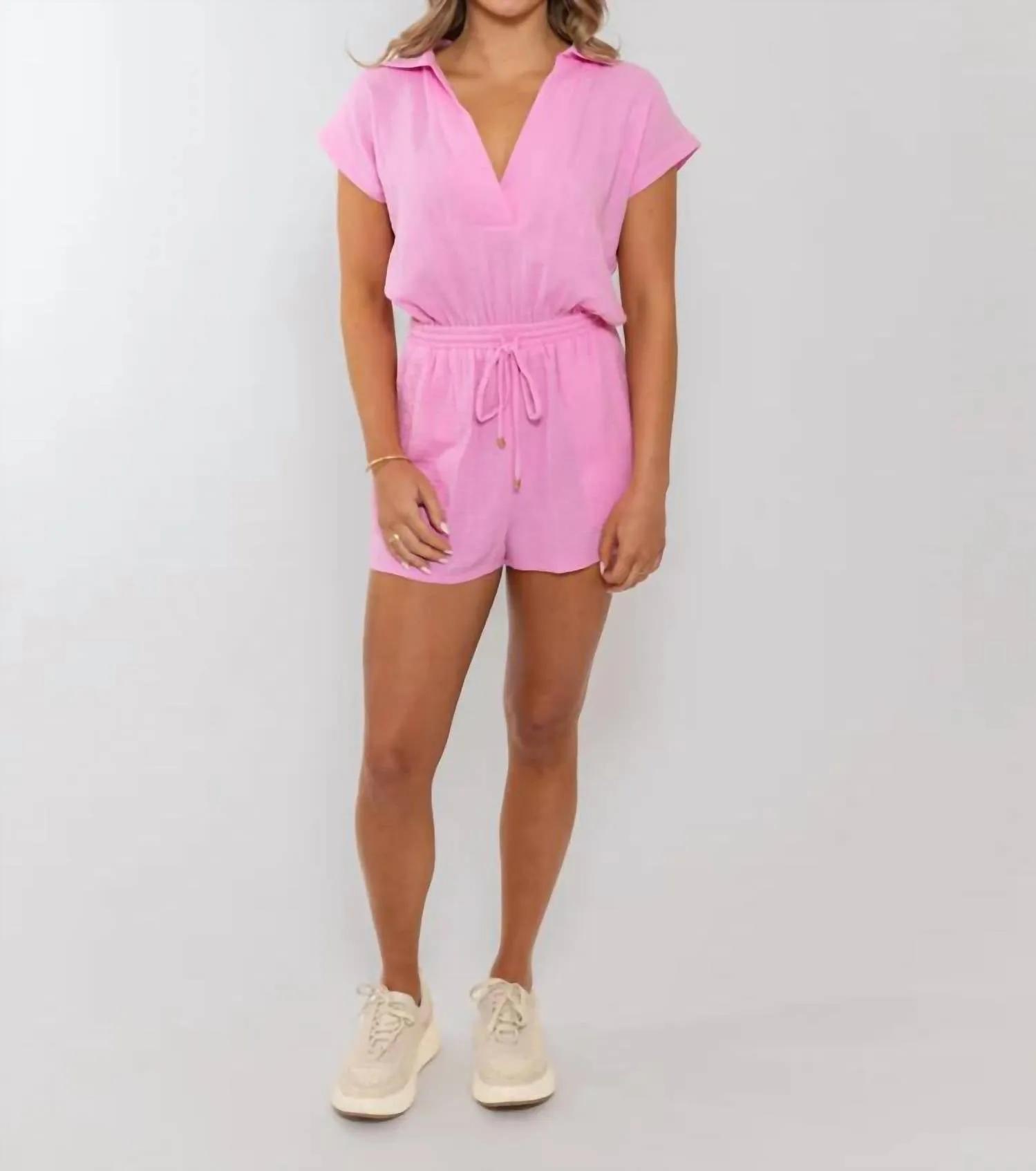 Solid Gauze V-Neck Keyhole Back Romper In Pink