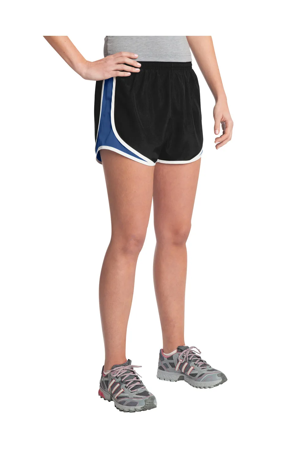Sport-Tek Womens Cadence Moisture Wicking Shorts - Black/True Royal Blue/White