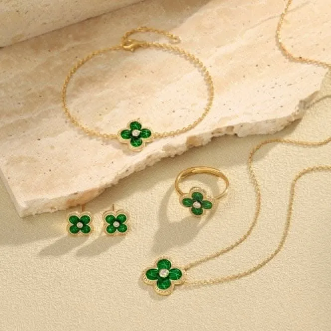 Sterling Silver Gold Plated Adjustable Green Lucky 4 Leaf Ring ERLR005 Ania Haie Jewellery