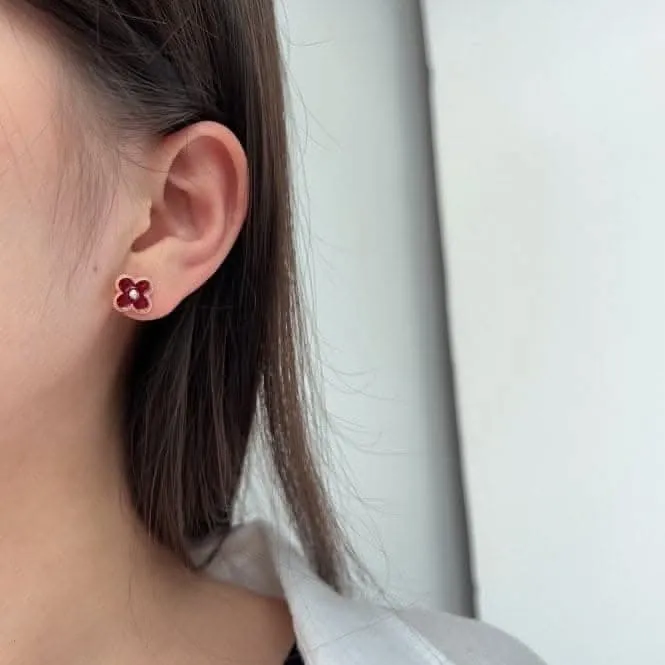 Sterling Silver Rose Gold Plated Red Lucky 4 Leaf Earrings ERLE077 Ania Haie Jewellery