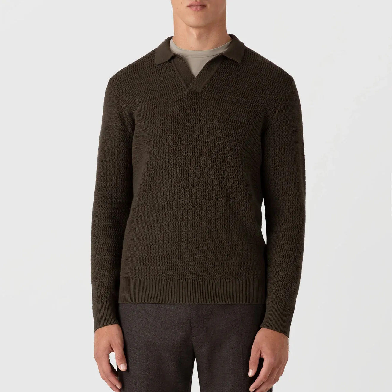 Sunspel Textured Cotton L/S Polo Knitwear Khaki