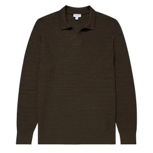 Sunspel Textured Cotton L/S Polo Knitwear Khaki