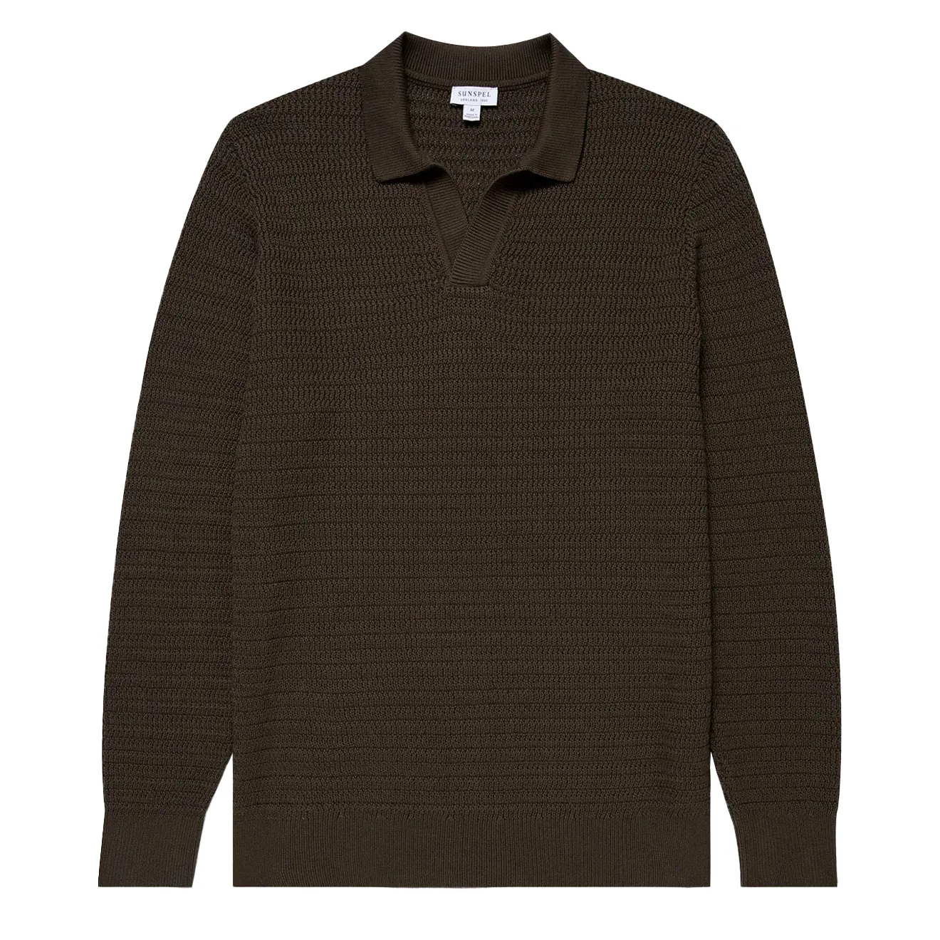 Sunspel Textured Cotton L/S Polo Knitwear Khaki