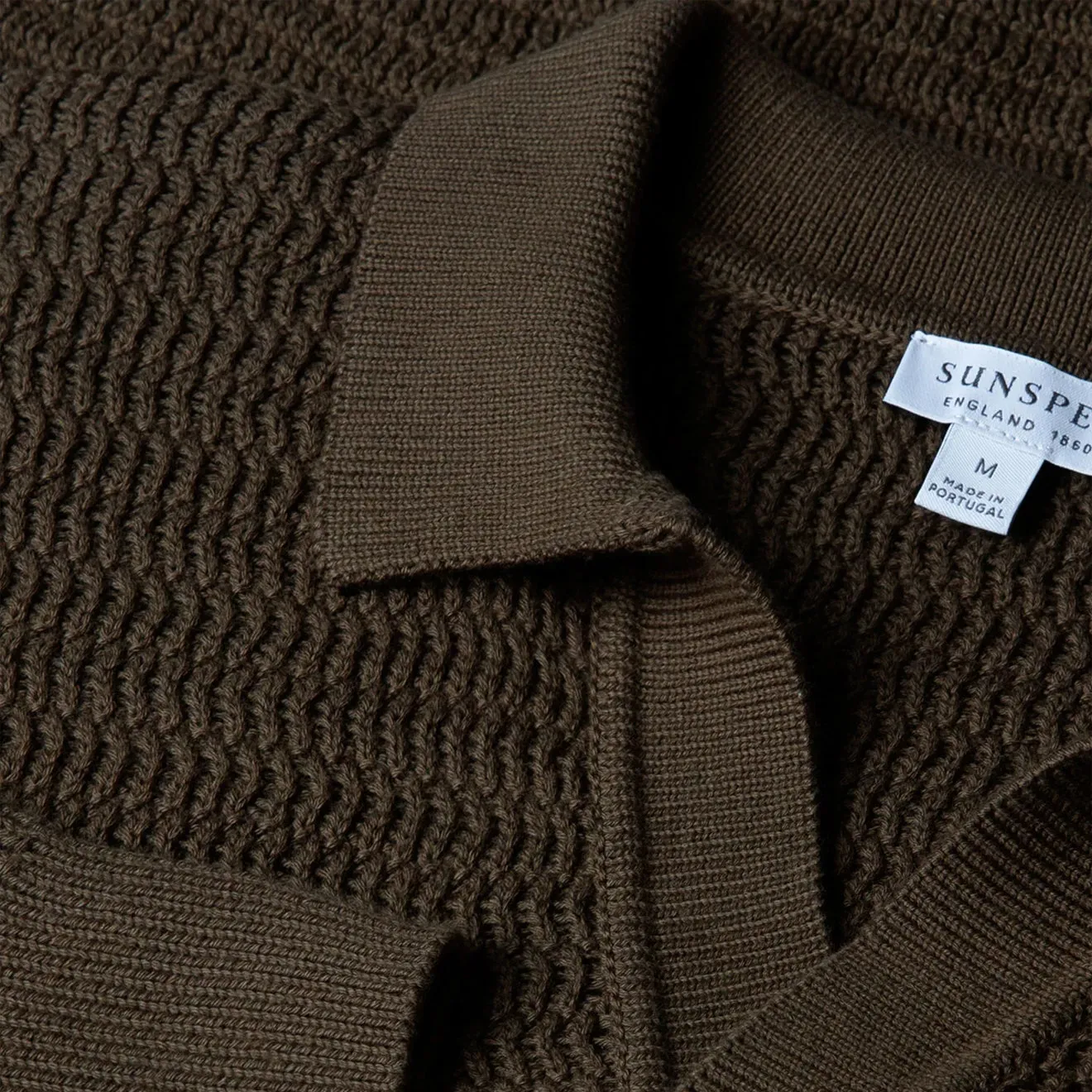 Sunspel Textured Cotton L/S Polo Knitwear Khaki