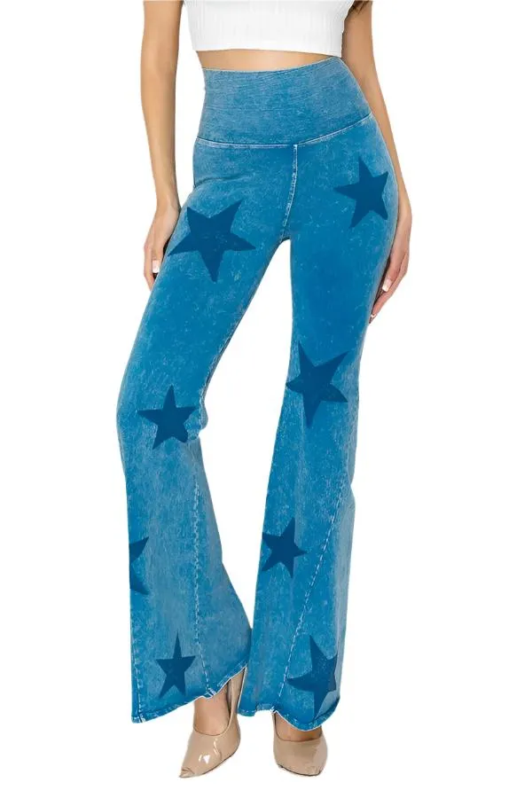 T-Party Mineral Wash Star Print Fold Over Waist Flare Pants CJ75491 Blue