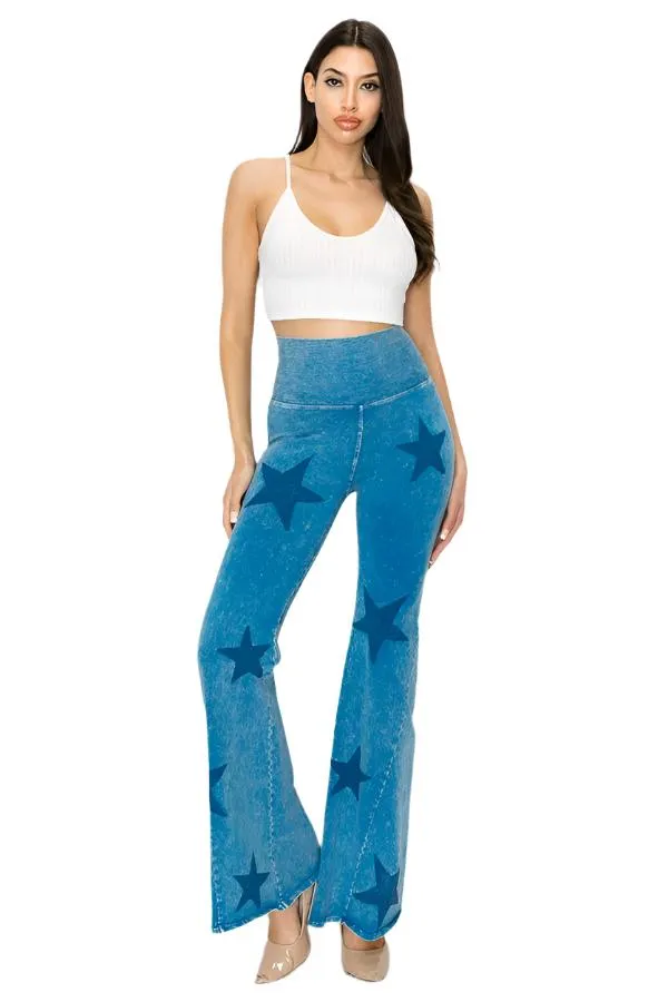 T-Party Mineral Wash Star Print Fold Over Waist Flare Pants CJ75491 Blue