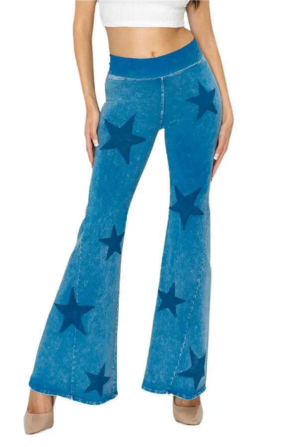 T-Party Mineral Wash Star Print Fold Over Waist Flare Pants CJ75491 Blue