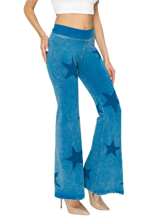 T-Party Mineral Wash Star Print Fold Over Waist Flare Pants CJ75491 Blue