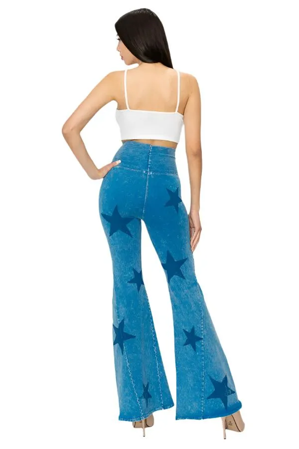 T-Party Mineral Wash Star Print Fold Over Waist Flare Pants CJ75491 Blue