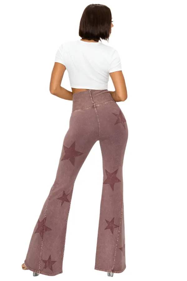 T-Party Mineral Wash Star Print Fold Over Waist Flare Pants CJ75491 Dark Rose