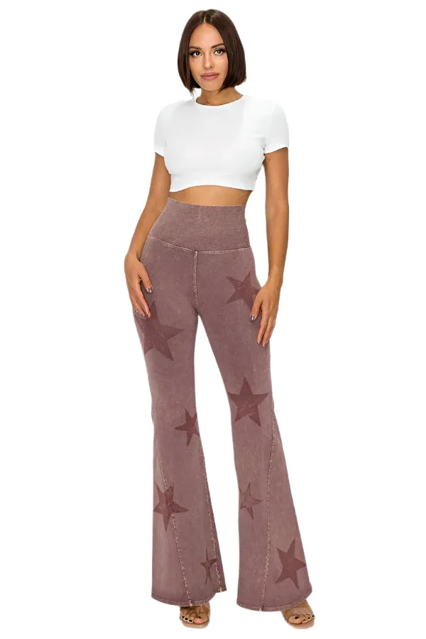 T-Party Mineral Wash Star Print Fold Over Waist Flare Pants CJ75491 Dark Rose