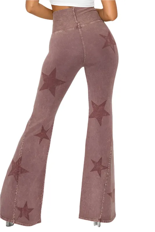 T-Party Mineral Wash Star Print Fold Over Waist Flare Pants CJ75491 Dark Rose