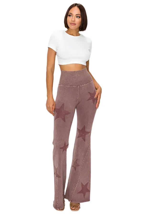 T-Party Mineral Wash Star Print Fold Over Waist Flare Pants CJ75491 Dark Rose