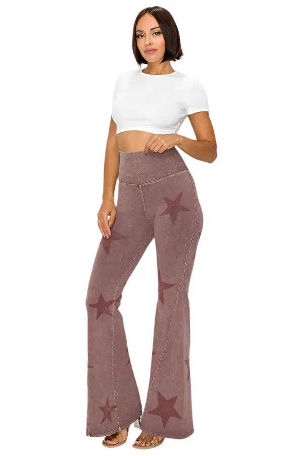 T-Party Mineral Wash Star Print Fold Over Waist Flare Pants CJ75491 Dark Rose