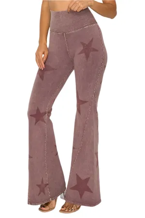 T-Party Mineral Wash Star Print Fold Over Waist Flare Pants CJ75491 Dark Rose
