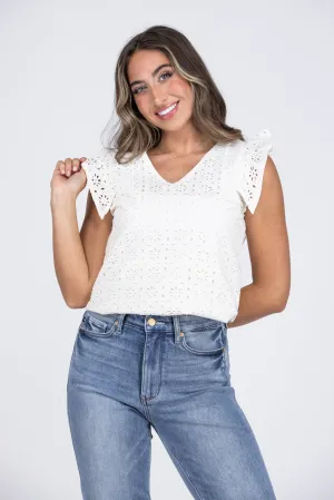 The Leighton Women's Eyelet Ruffled Cap Sleeve Top *Final Sale*
