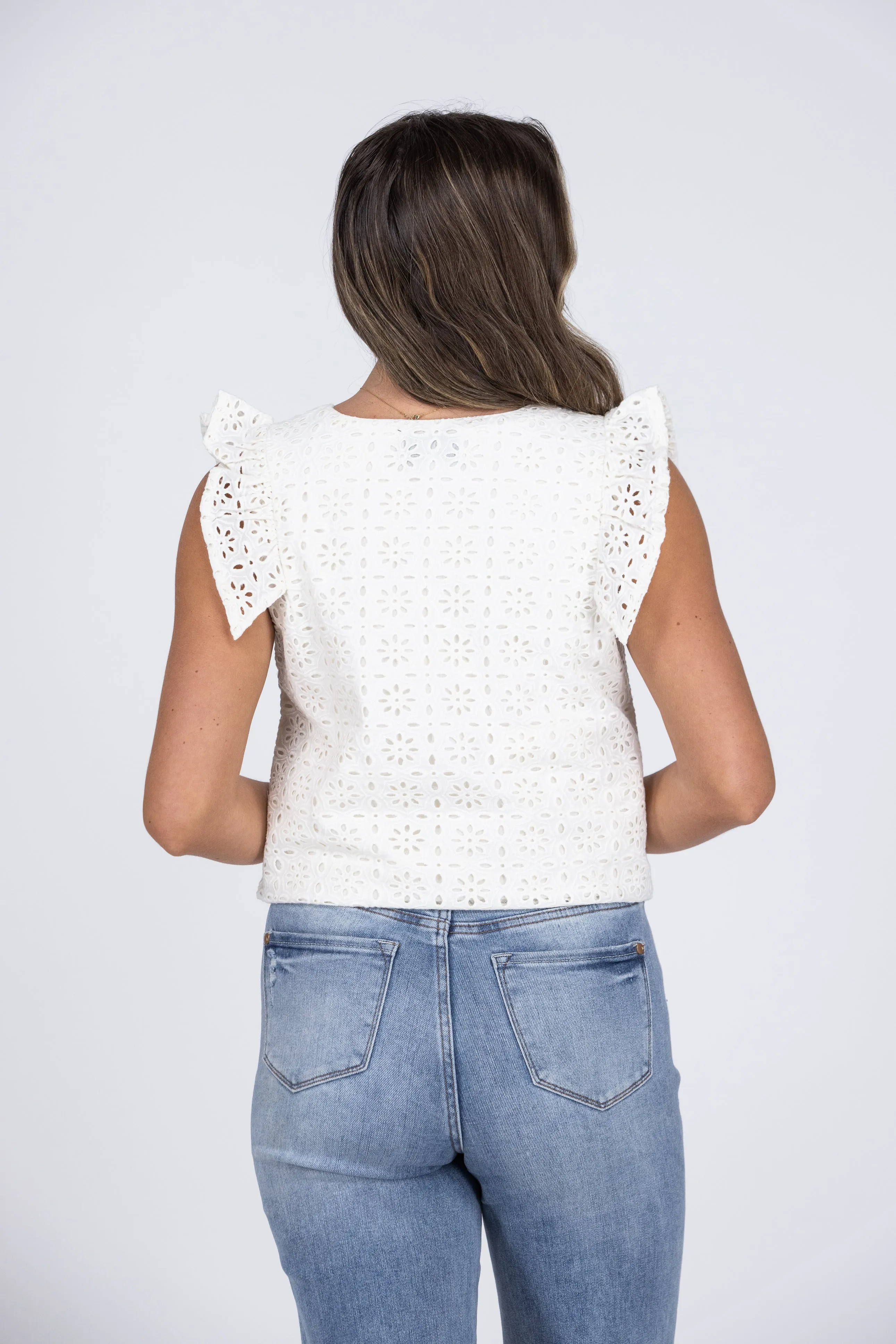 The Leighton Women's Eyelet Ruffled Cap Sleeve Top *Final Sale*