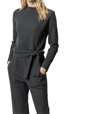 Tie Waist Mock Neck Top In Black