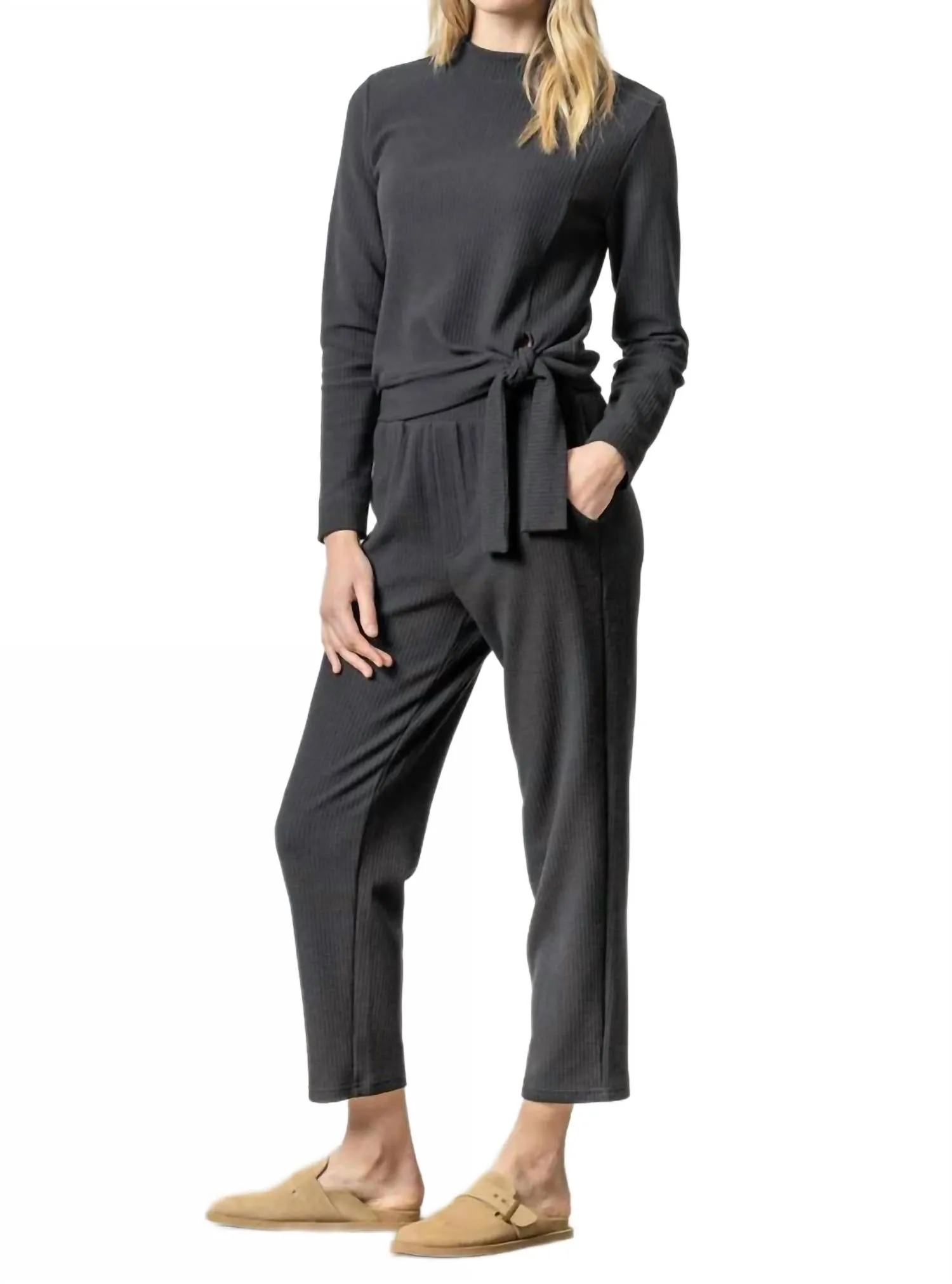 Tie Waist Mock Neck Top In Black