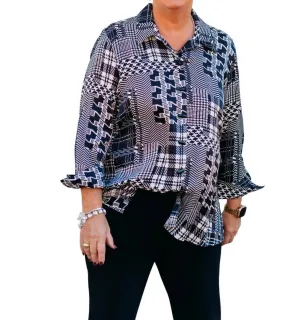 Turn-Up Cuff 3/4 Sleeve Button Shimmer Woven Shirt In Snow