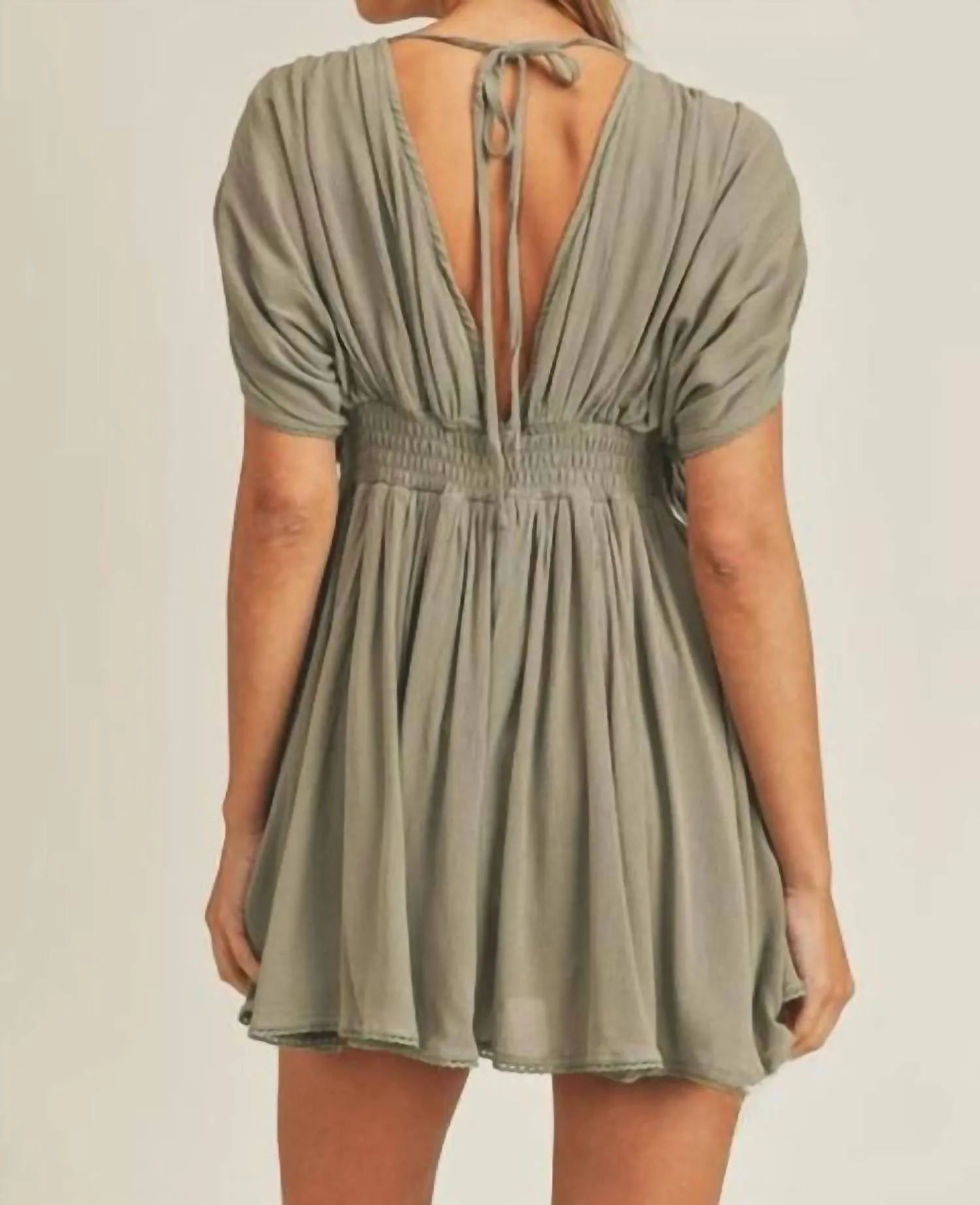 Vera Drop Shoulders & Flare Short Romper In Olive