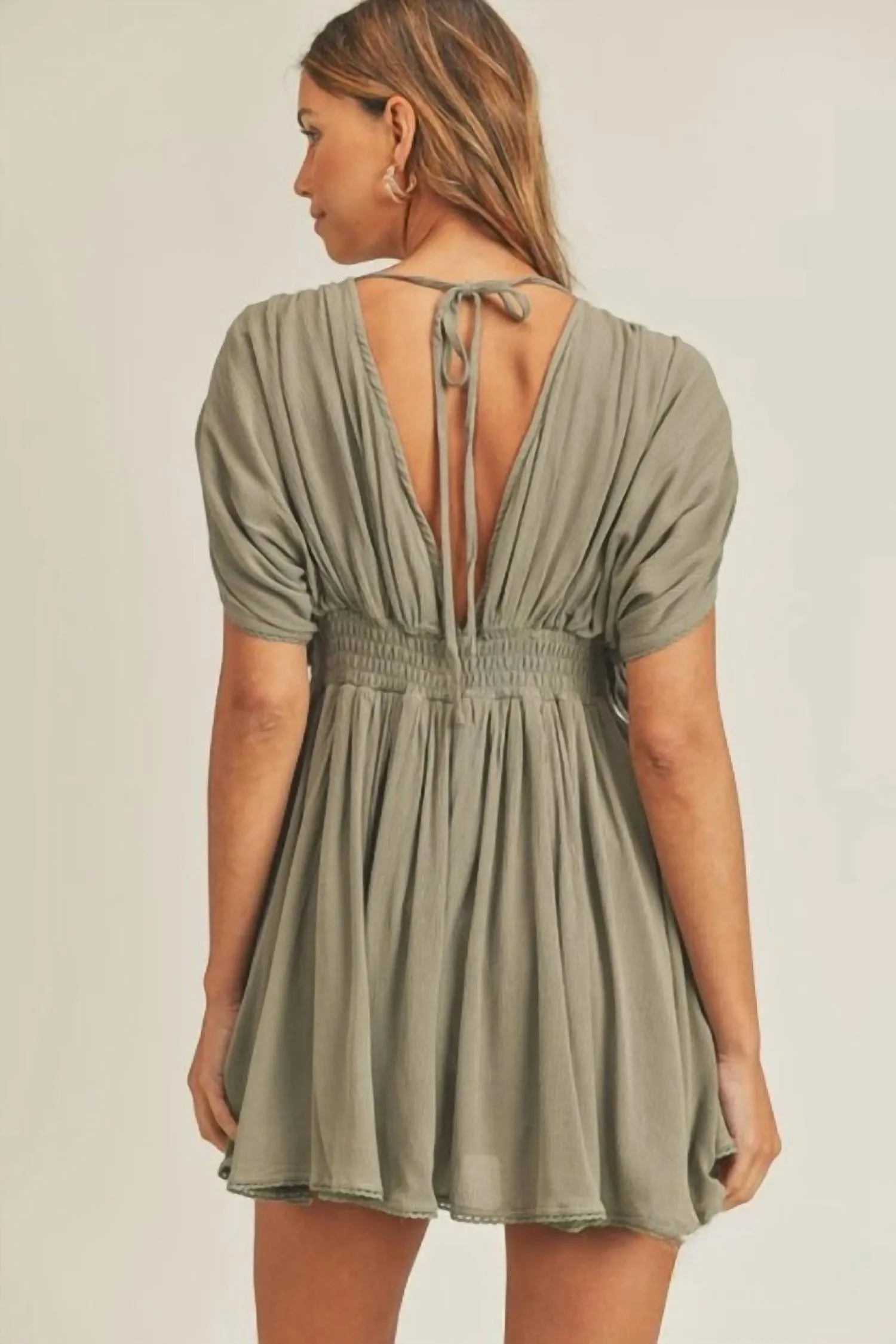 Vera Drop Shoulders & Flare Short Romper In Olive