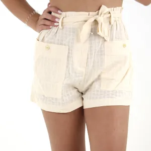 Women's Belted 2 Front-Pockets Short,Beige