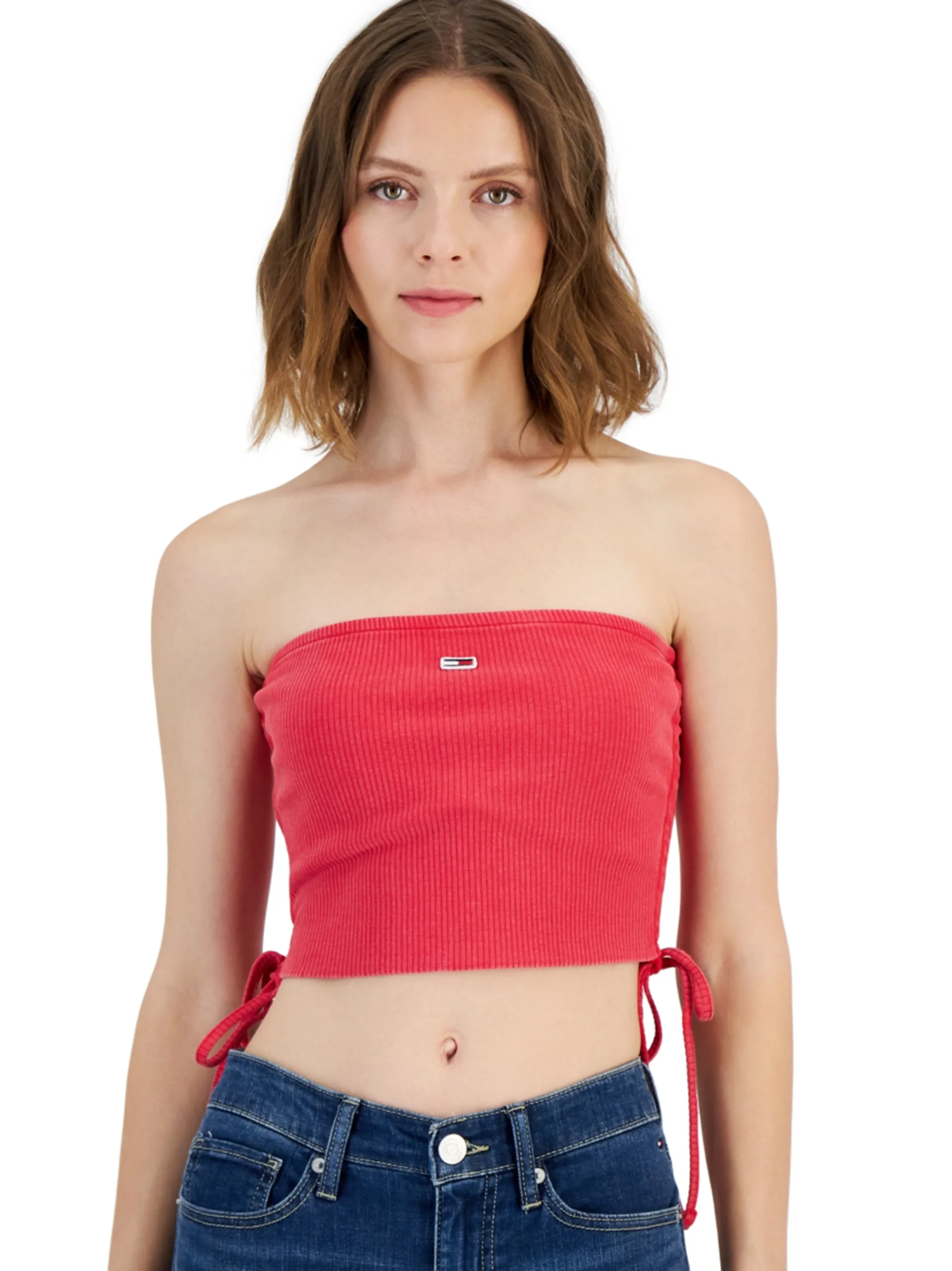 Women's Brand Logo Embroidered Side-Ruched Crop Top,Red