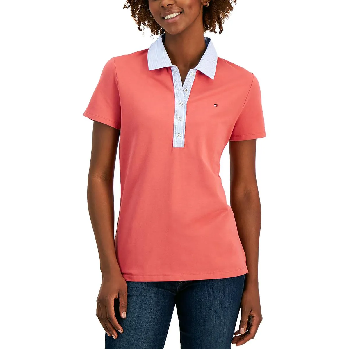 Womens Button Front Short Sleeve Polo Top