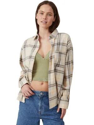 Women's Buttons Up Plaid Shirt,Beige