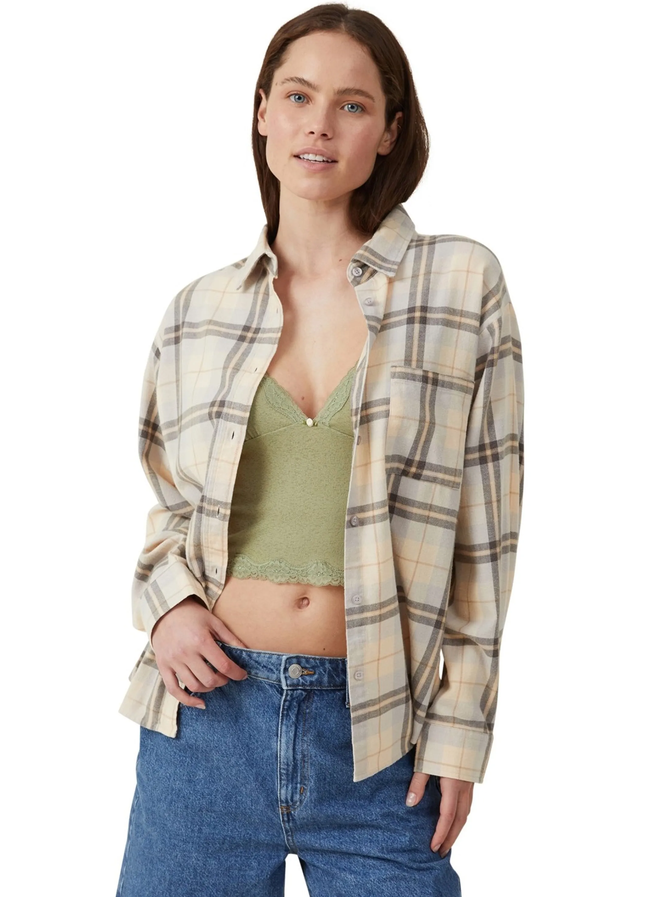 Women's Buttons Up Plaid Shirt,Beige