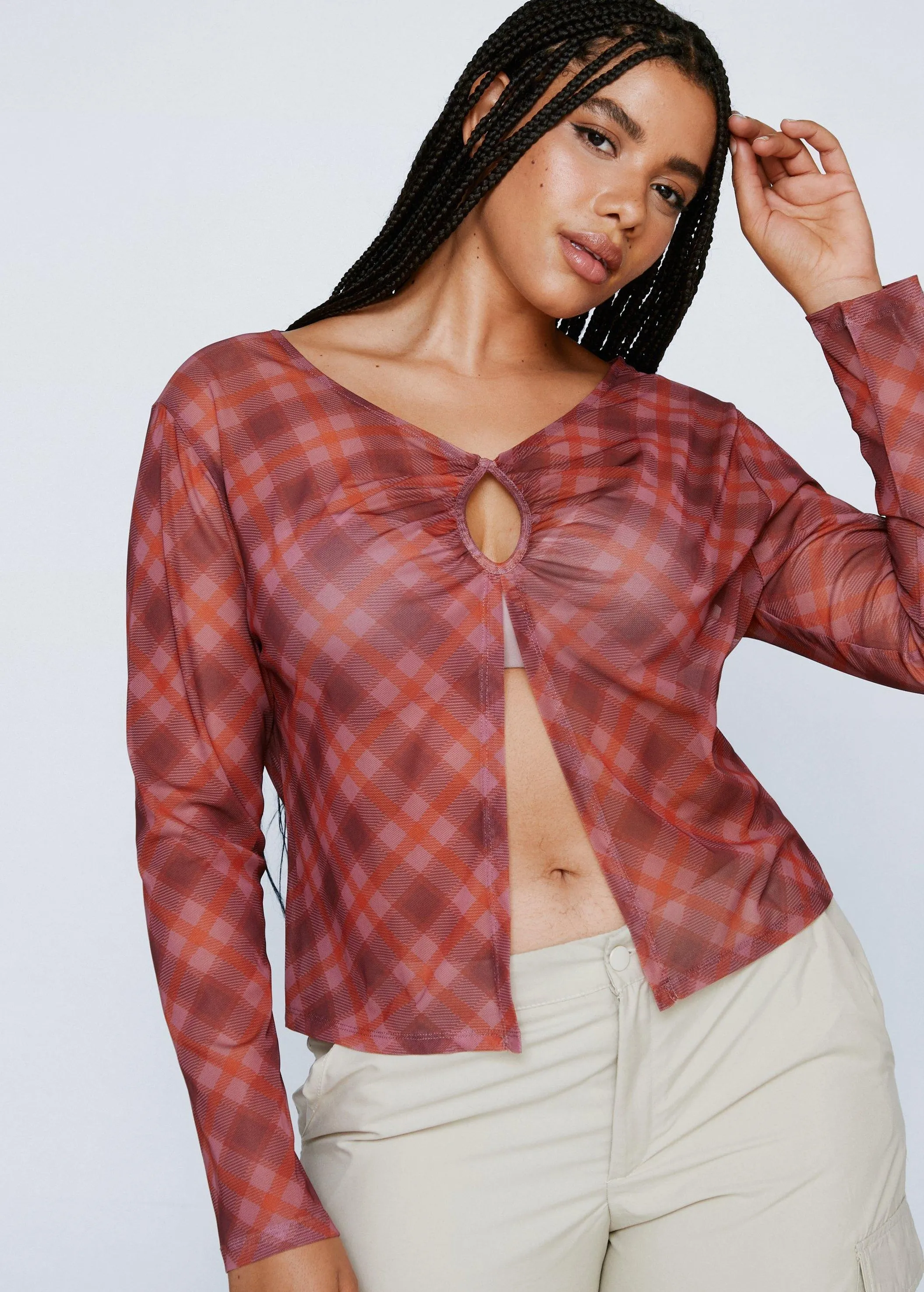 Women's Checkered Printed Mesh Top,Multi