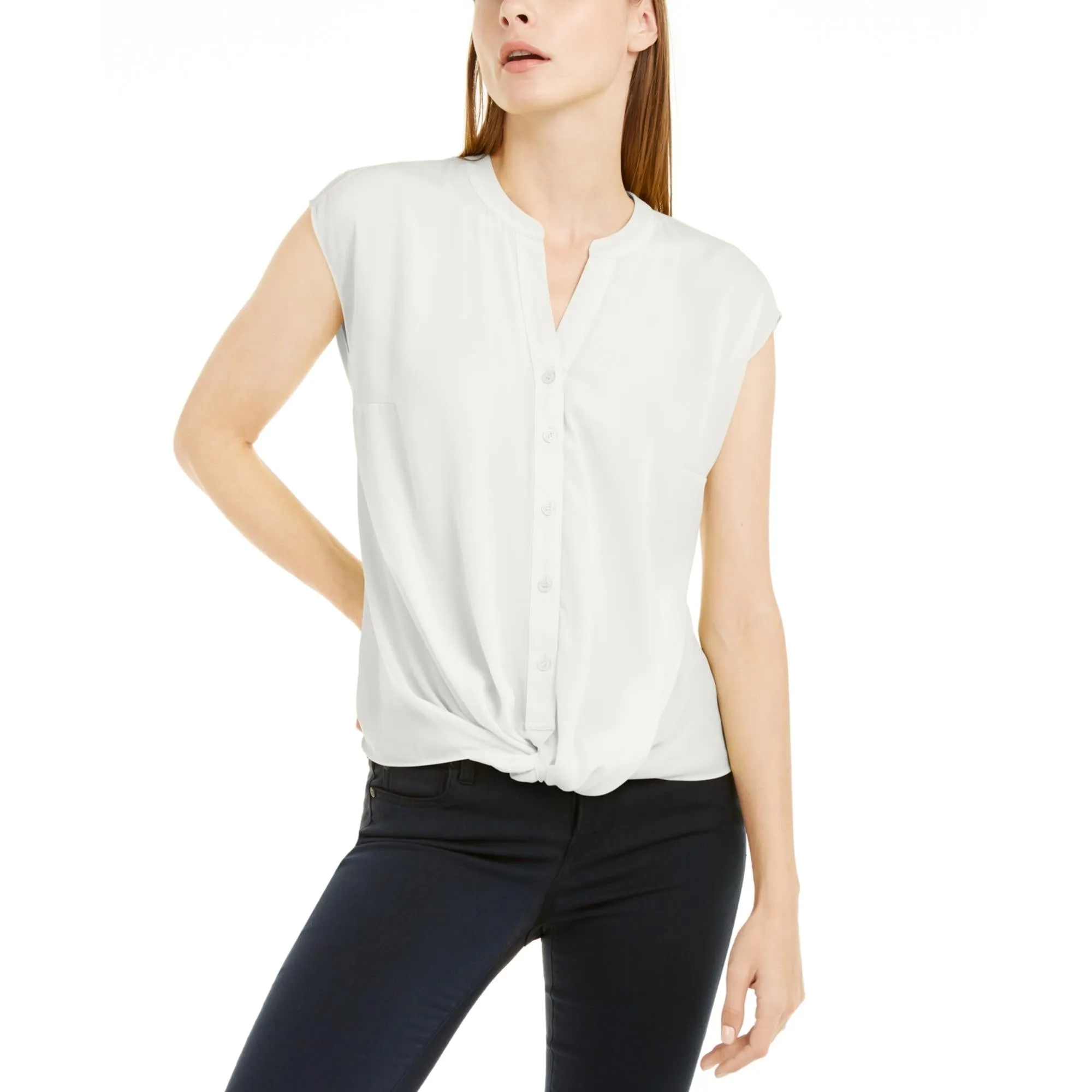 Womens Chiffon Cap Sleeves Button-Down Top