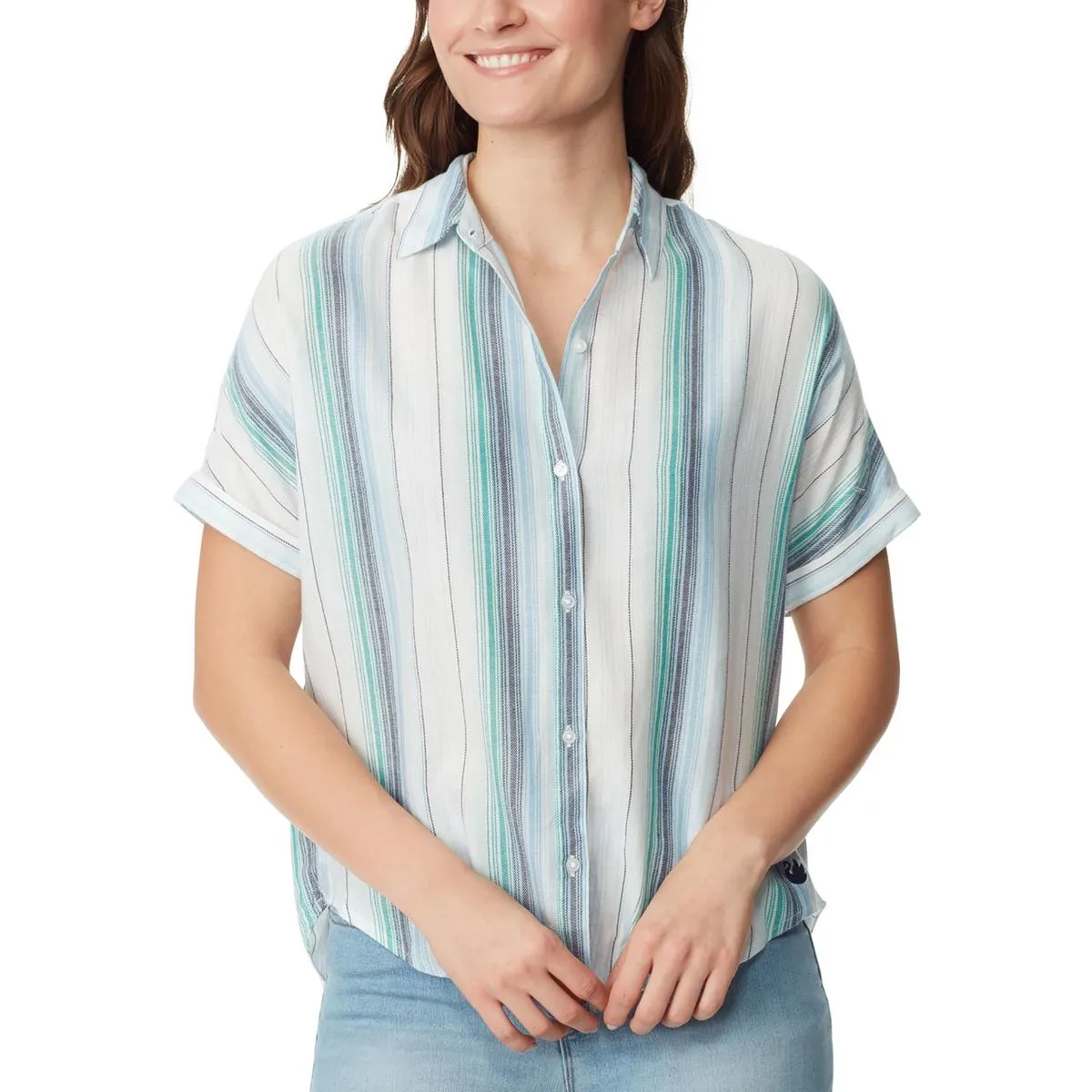 Womens Collar Short Sleeves Button-Down Top
