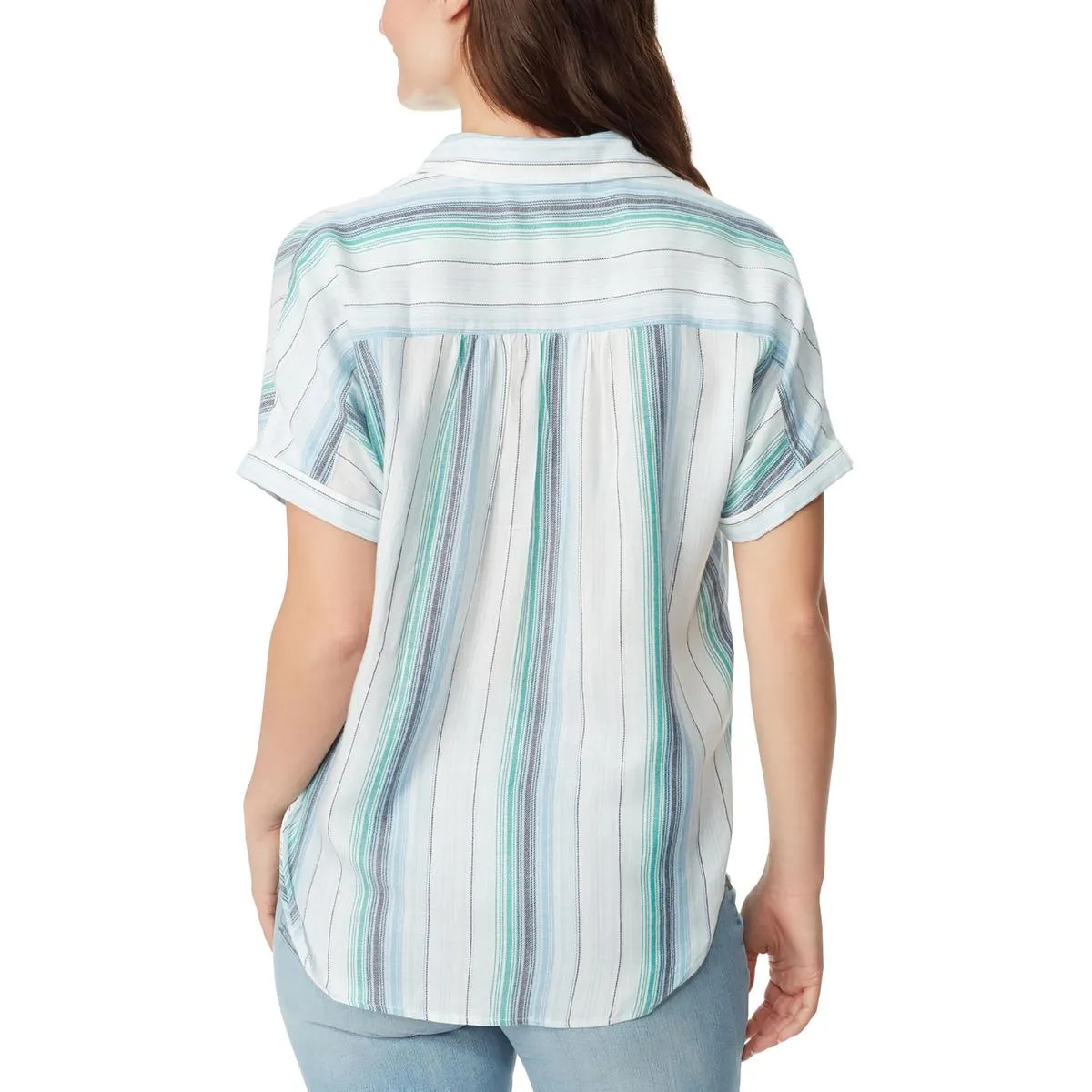 Womens Collar Short Sleeves Button-Down Top