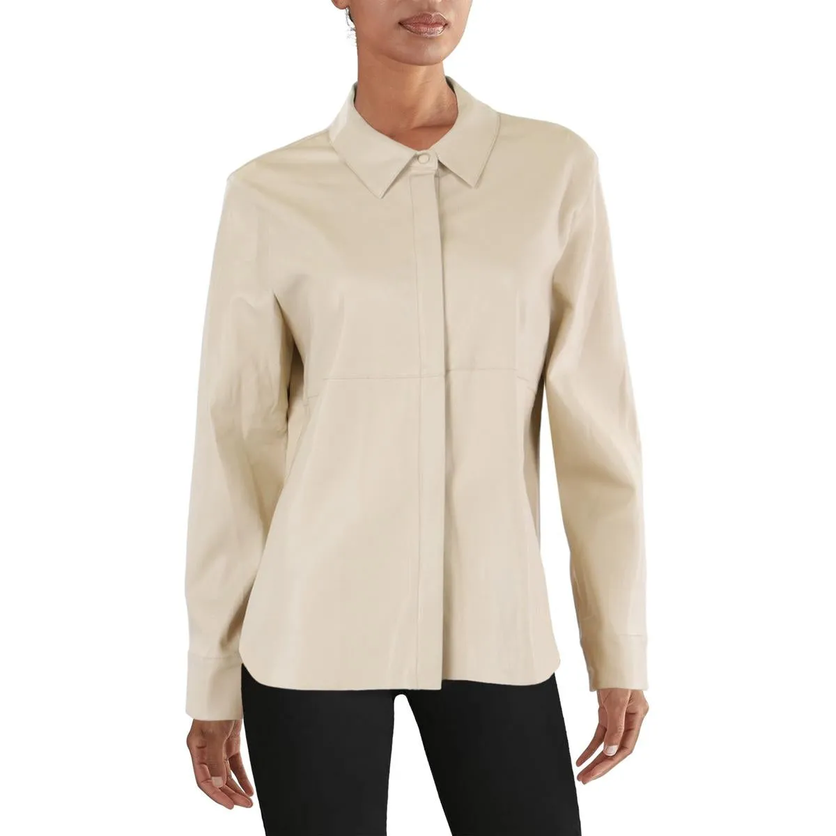 Womens Faux Leather Collar Button-Down Top