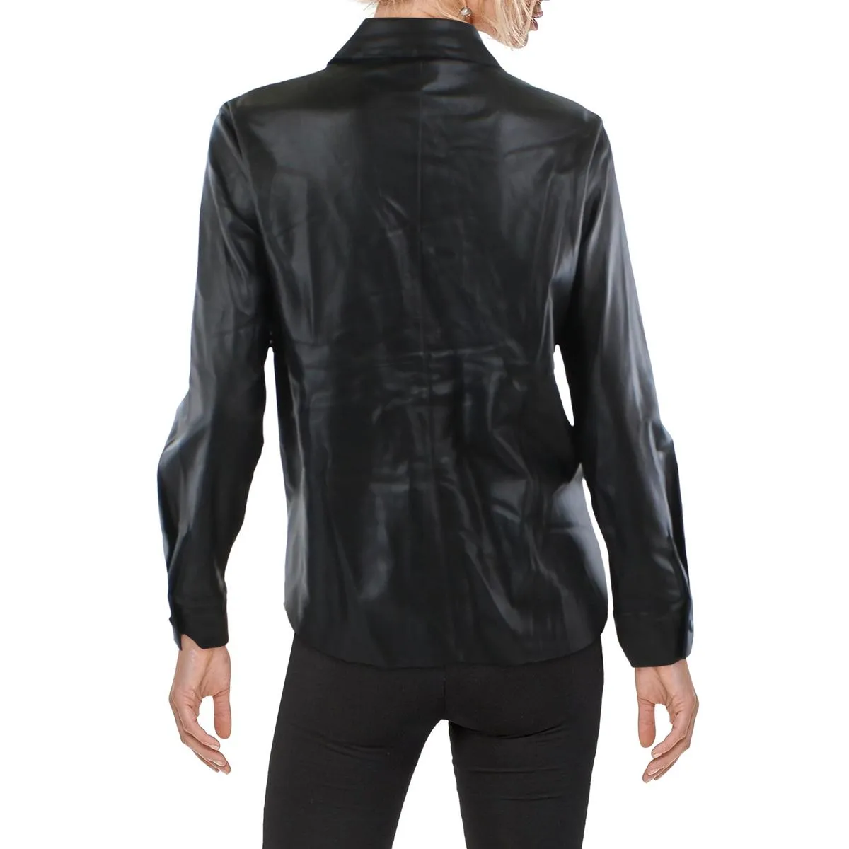 Womens Faux Leather Collar Button-Down Top