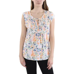 Womens Floral Print Pintuck Pullover Top