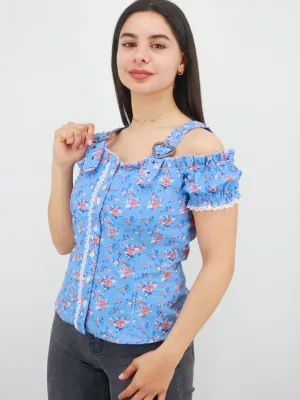 Women's Floral Printed  Off Shoulder Top,Blue