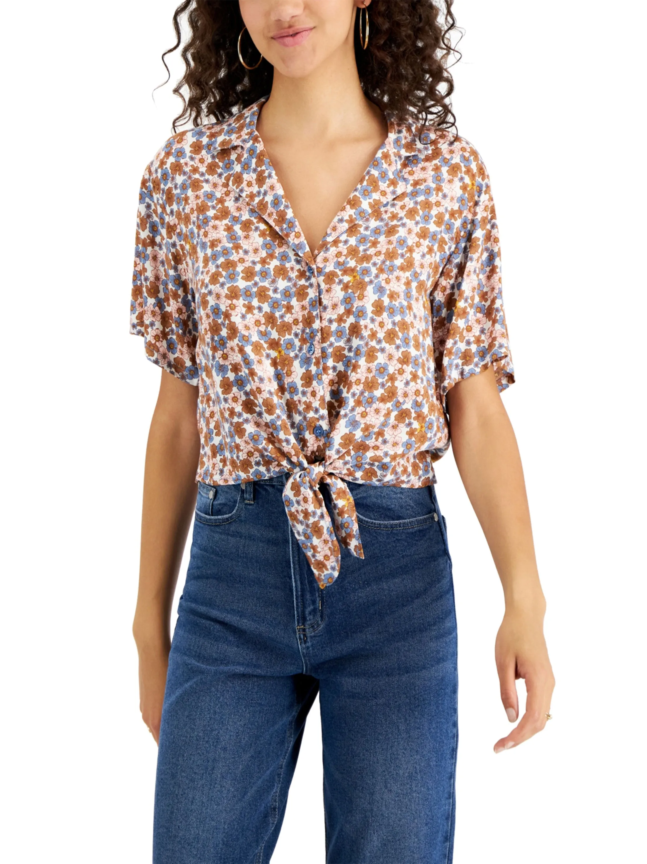 Women's Floral Printed Tie-Front Shirt,Multi