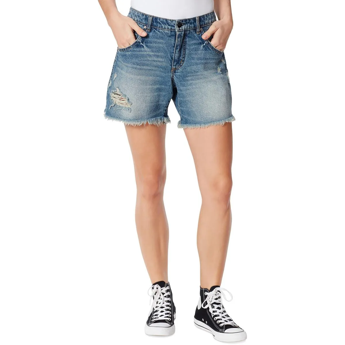 Womens Frayed Hem Midi Cutoff Shorts