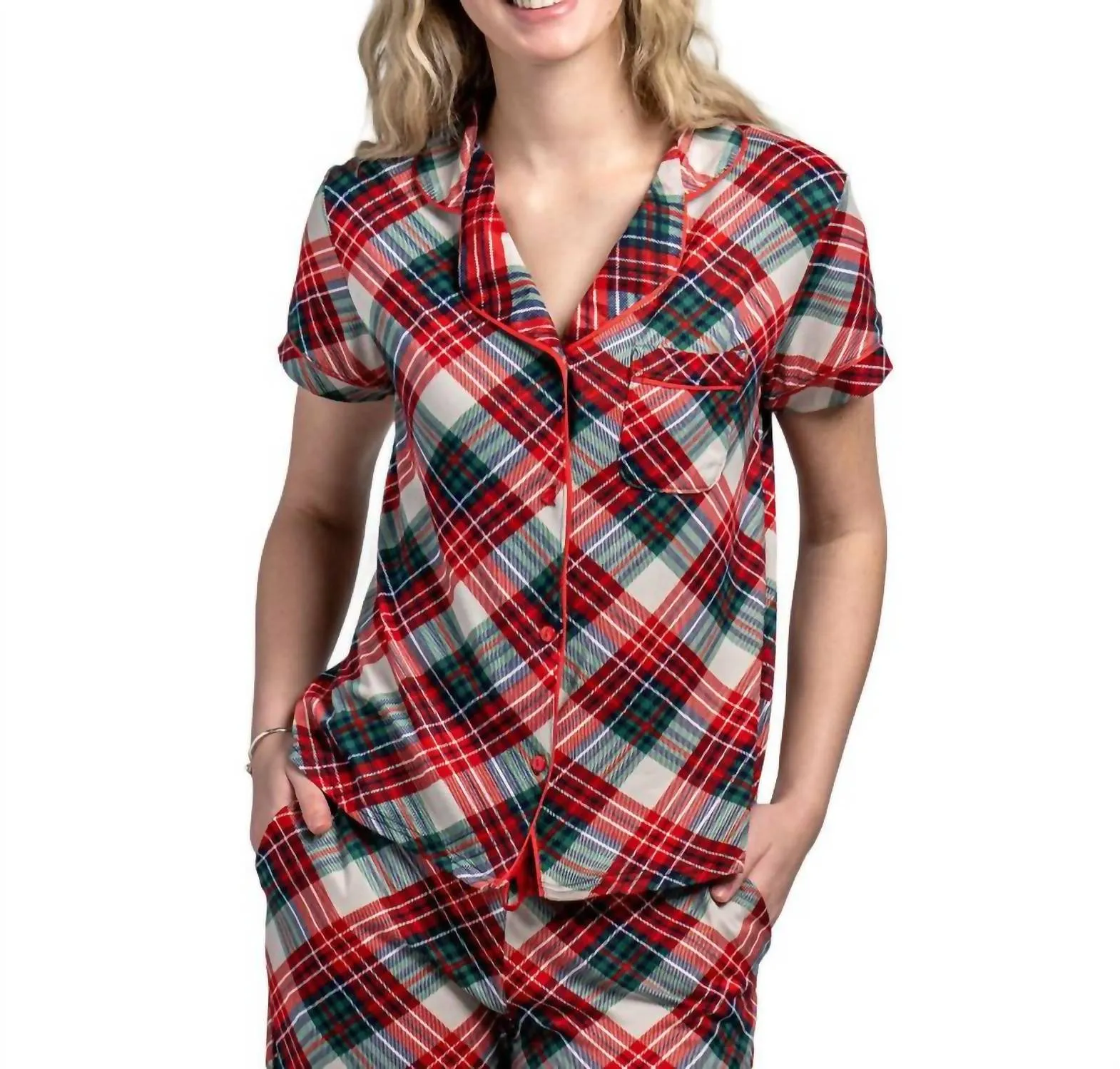 Women's Holiday Pajama Top In Prancer's Plaid