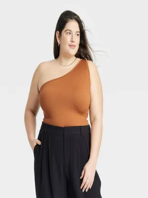 Women's One Shoulder Ribbed Tank Top,Brown