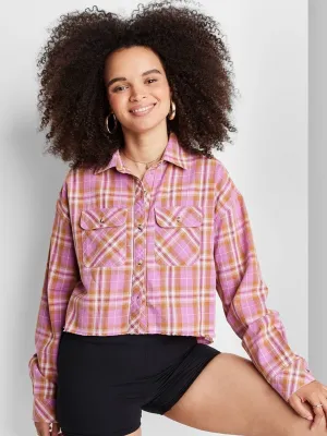 Women's Plaid Cropped Shirt,Pink
