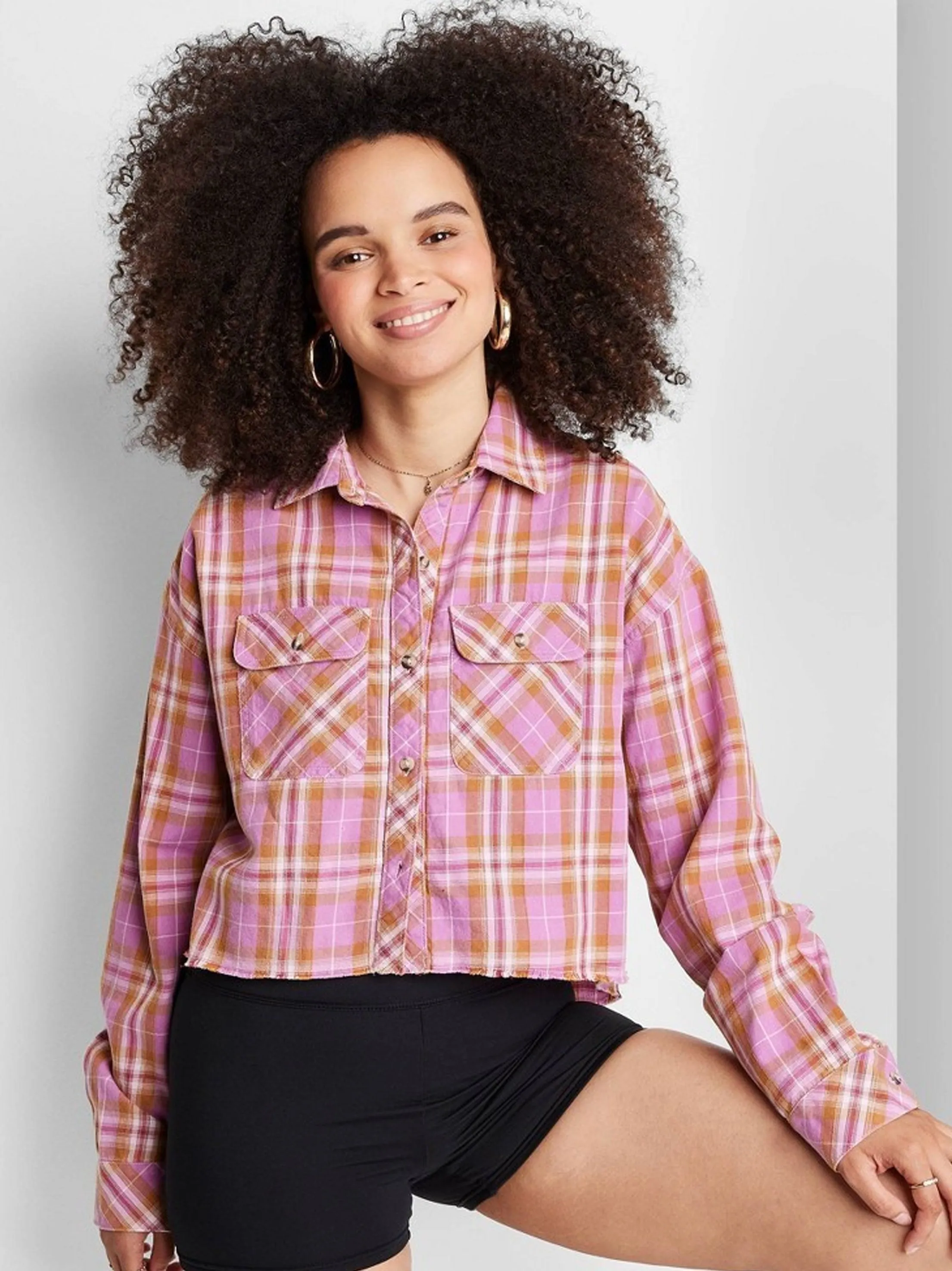 Women's Plaid Cropped Shirt,Pink