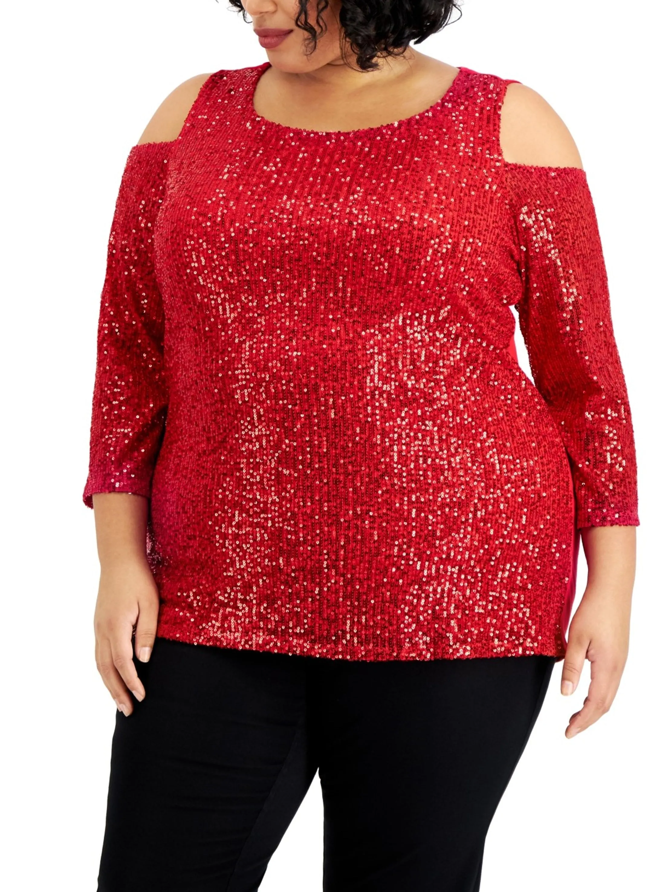 Women's Sequined Cold Shoulder Top,Red