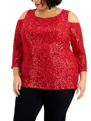 Women's Sequined Cold Shoulder Top,Red