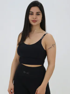 Women's Straps Brand Logo Printed Sports Bra,Black